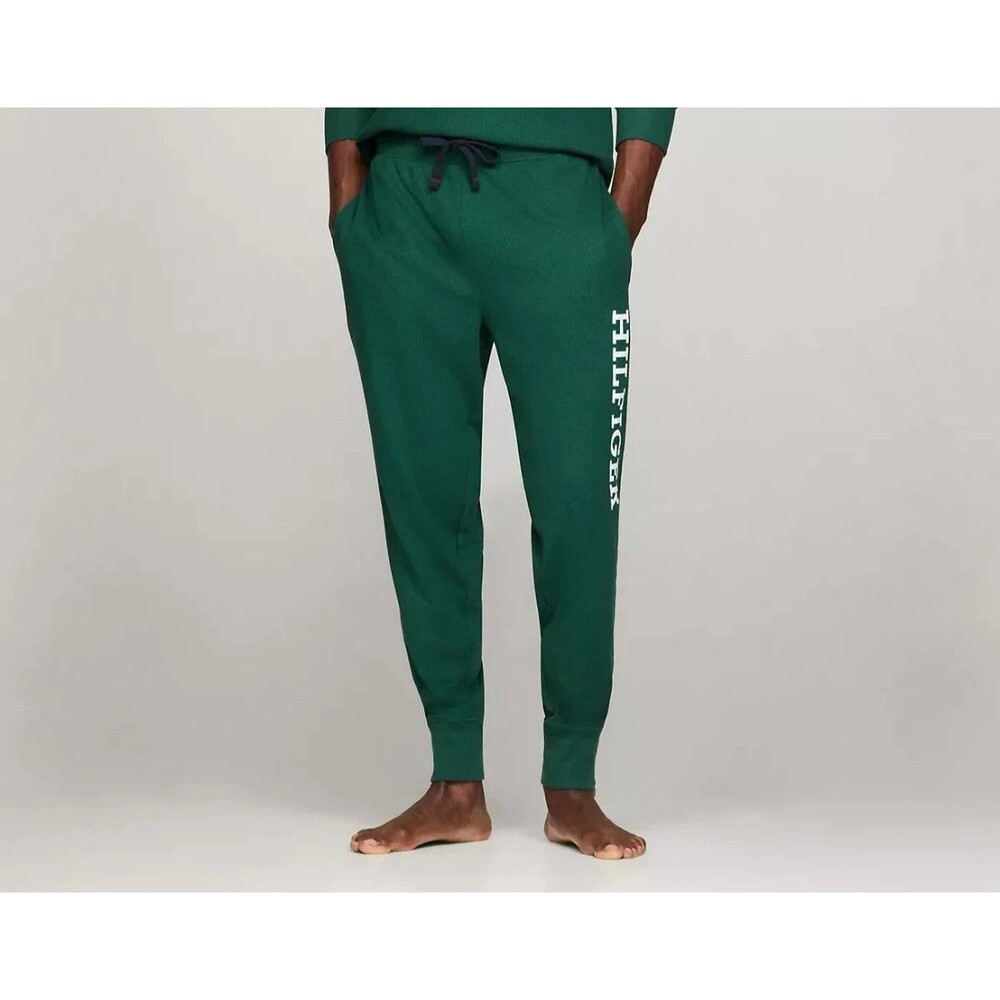 TOMMY HILFIGER Pajama Pants Mens XL Green Waffle Knit Jogger Logo Comfort Lounge
